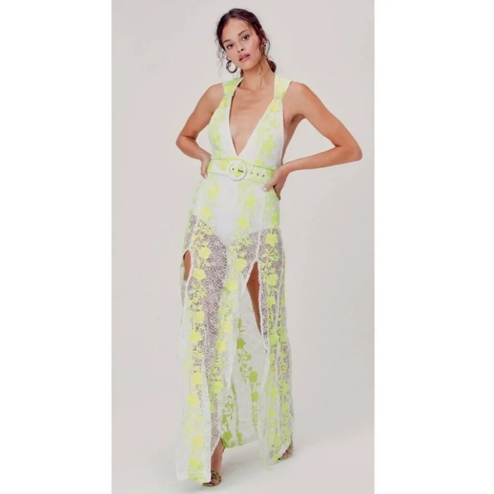 For Love & Lemons Dahlia Embroidered Bodysuit Maxi Dress Neon Green Small NWT